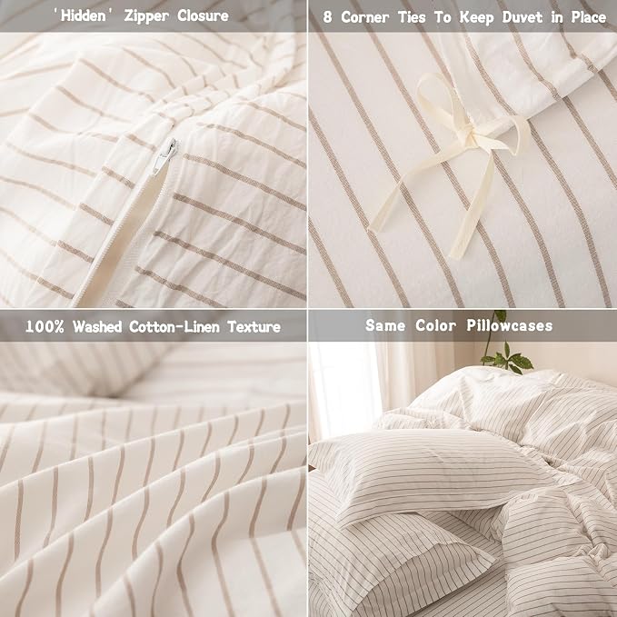 Stripe Duvet Cover Queen Size 90inch x 90inch,100% Washed Cotton Linen Feel Pinstripe Duvet Cover with Zipper Closure and 2 Pillowcases, Color of Off White and Linen Grey Stripe