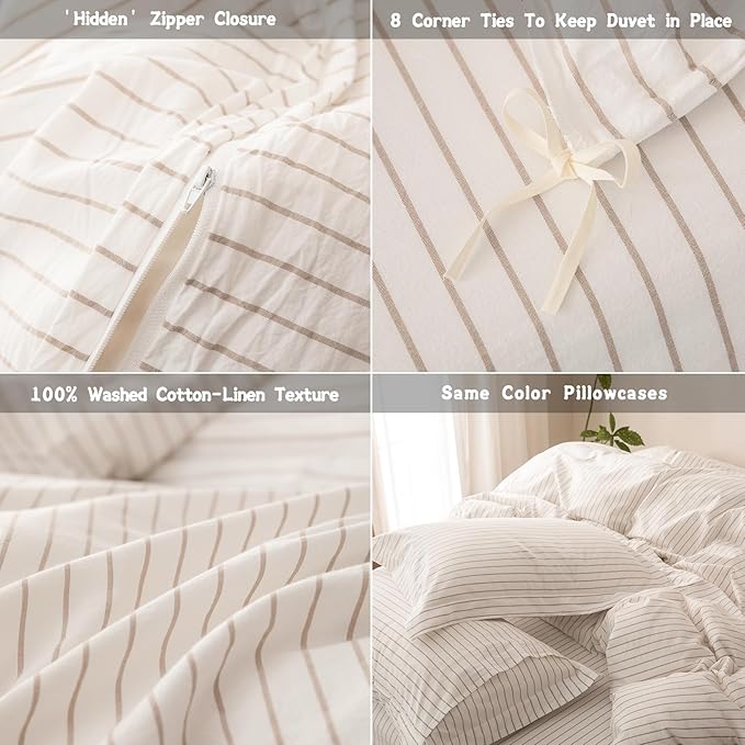 Stripe Duvet Cover King Size 104inch x 90inch,100% Washed Cotton Linen Feel Duvet Cover, Pinstripe Duvet Cover with Zipper Closure and 2 Pillowcases, Color of White and Linen Grey Stripe