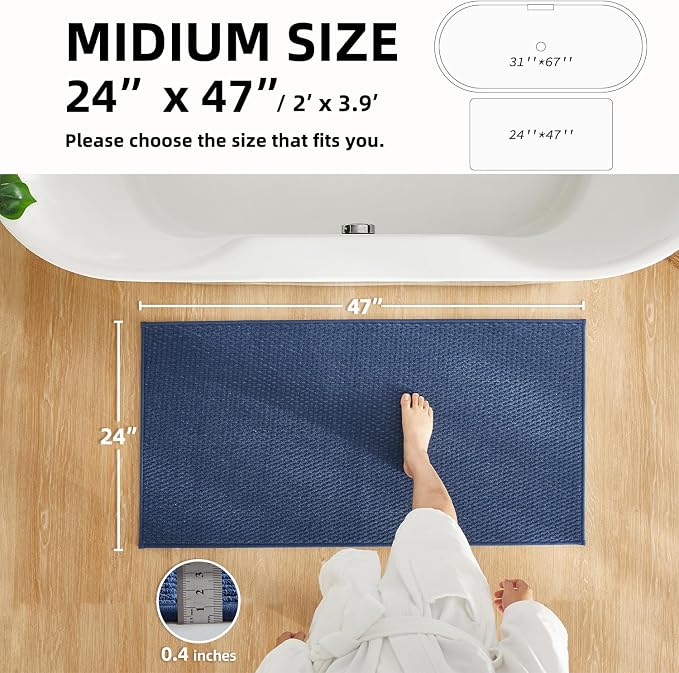 TYUU Bathroom Rugs Non Slip Washable, Super Absorbent Thin Bath Mat Quick Dry Low Pile Bathroom Rug, Navy Blue 24"x47"