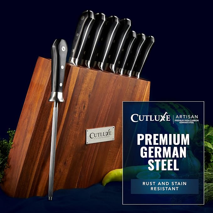 Cutluxe Kitchen Knife Set, 8-Piece Chef Knives with Acacia Wood Block | Razor Sharp Full Tang Blades, High Carbon German Steel – Artisan Series, Professional