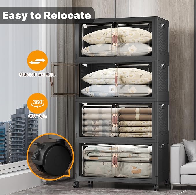 Stackable Storage Bins, 700QT Collapsible Drawers with 1 Lid | Large Capacity, Magnetic Door, Stack Lock, Rolling Wheels, Foldable Design, Organizers and Storage for Bedroom Dorm Garage