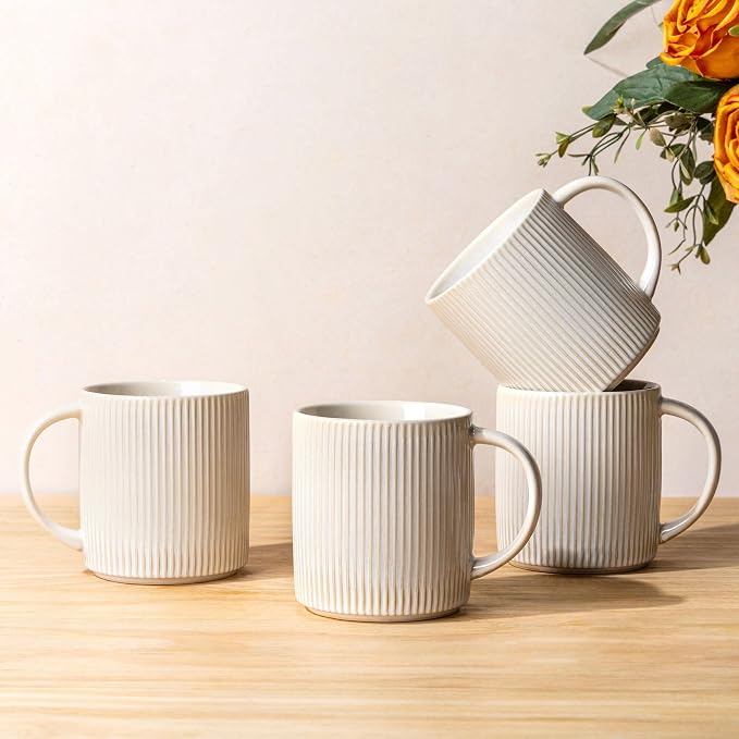 theterra Ceramic Coffee Mugs Set of 4, 14.2oz Handmade Coffee Cups with Handle for Latte, Tea, Milk, Beer, Hot Cocoa, Reactive White