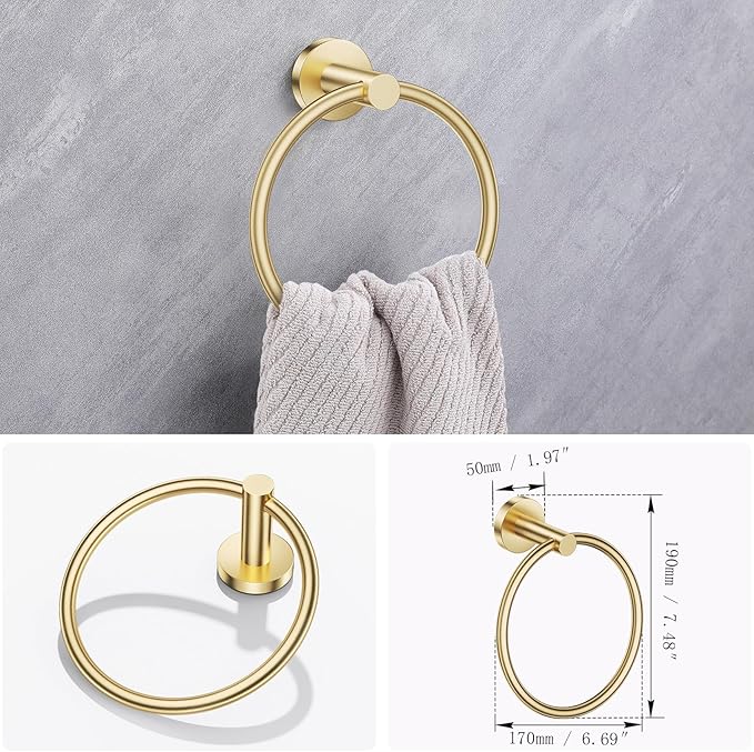 Lairuier Bathroom Hardware Set, 4-Piece Towel Holder Set Include Toilet Paper Holder,Towel Ring and 2 Towel Hooks Stainless Steel Wall Mounted Bathroom Hardware Accessories Set (Brushed Gold)