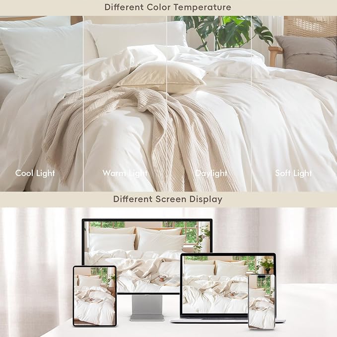 MooMee Bedding Duvet Cover Set 100% Washed Cotton Linen Like Textured Breathable Durable Soft Comfy (Solid Off White, Queen 90"x90") | Relaxed Linen-like Texture. Soft, Breathable & Long-lasting Comfort. Lightweight. Hidden Zipper with 8 Interior Corne...