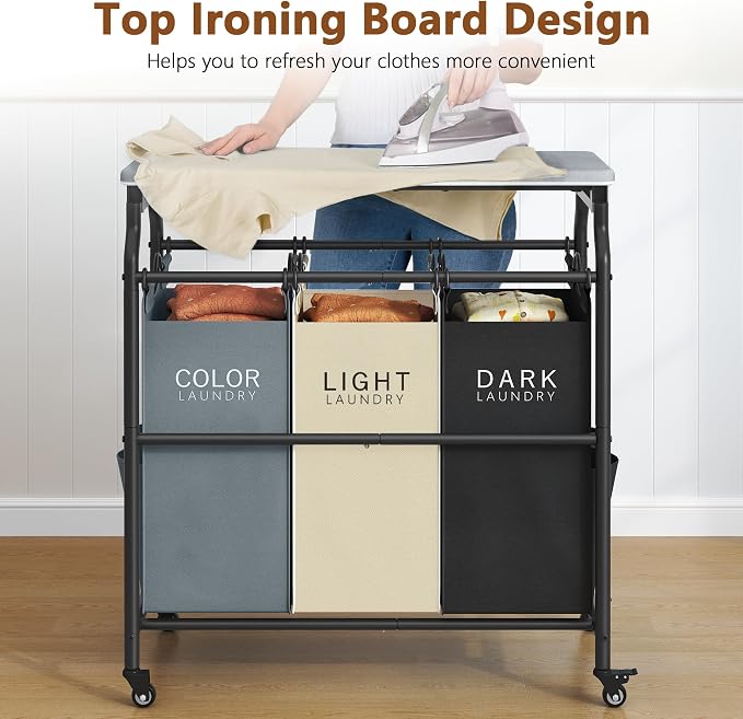 Hoctieon 3 Section Laundry Sorter with Iorning Board, Hamper with Wheels | Black+Gray+Beige,Lockable Wheels, Laundry Basket Organizer, Heavy Duty Clothes Separator, Removable Bags,Rolling Laundry Cart