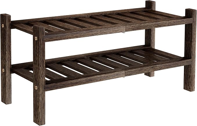 2-Tier Acacia Wood Stackable Shoe Rack - Brush Black