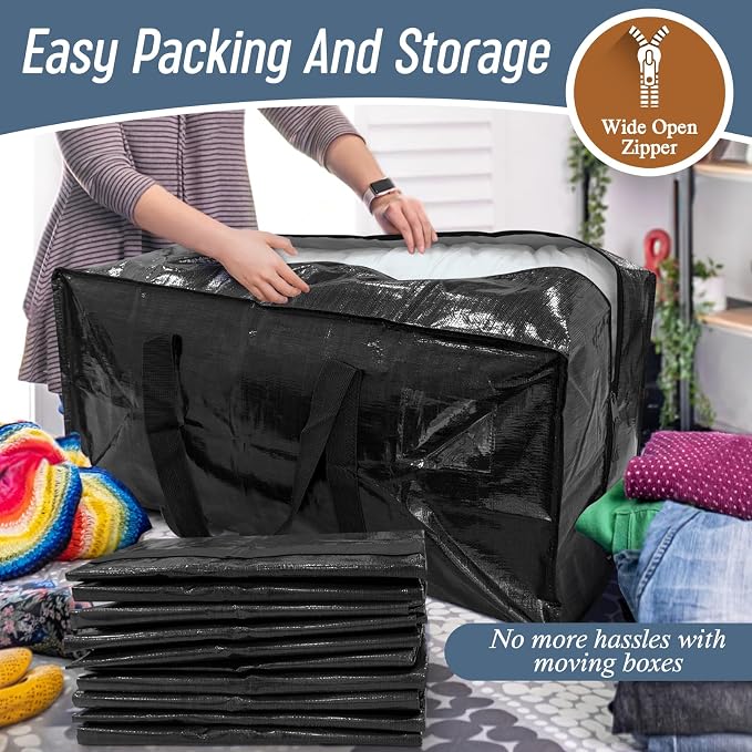 6 Pack Extra Heavy Duty Large Moving Bags with Strong Zipper & Comfortable Handles, Sturdy & Durable Clothes Storage Bags Totes Bins, Packing Moving Boxes for College Supplies, Black | Comfortable Handles, Sturdy & Durable Clothes Storage Bags Totes Bi...