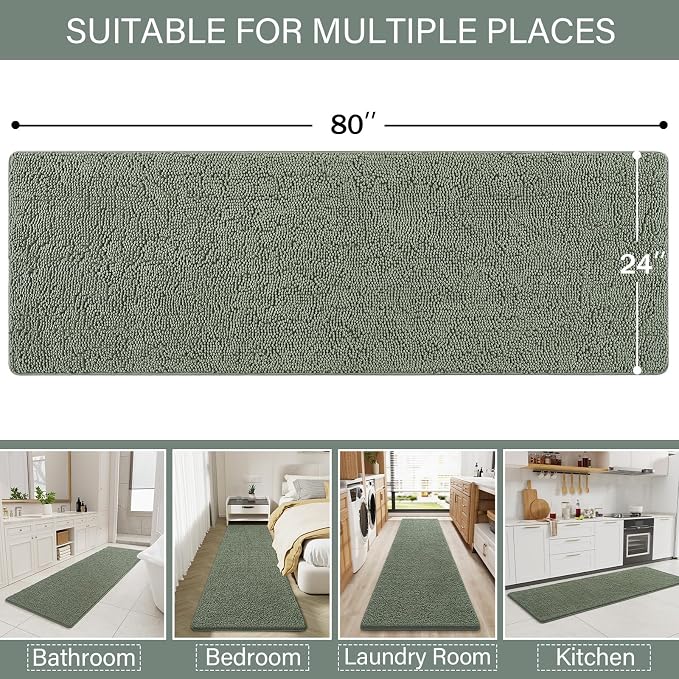 LOCHAS Luxury Bathroom Rug Shaggy Bath Mat 24 x 80 Inch, Sage Green | Washable Non Slip Bath Rugs for Bathroom Shower, Soft Plush Chenille Absorbent Carpets