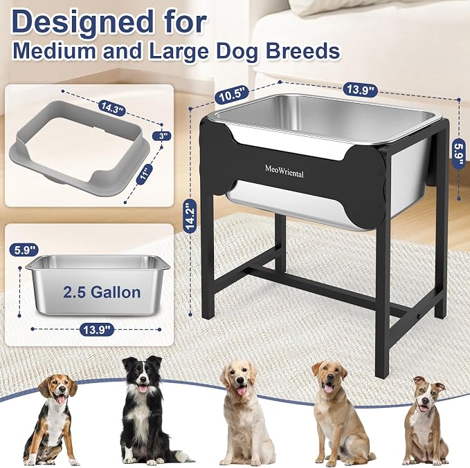2.5 Gallon No Spill Elevated Dog Water Bowl for Large Breed, 14.2" Tall Stainless Steel Large Raised Dog Food Bowls with Metal Stand for Relief Joint Pressure, Tip- Proof, Easy Clean, Indoor & Outdoor