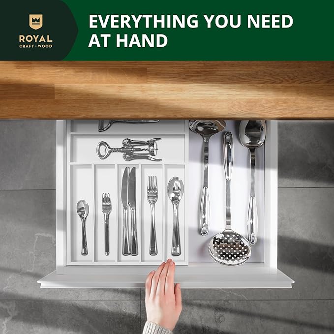 Luxury Bamboo Kitchen Drawer Organizer - Silverware Organizer - Utensil Holder and Cutlery Tray with Grooved Drawer Dividers for Flatware and Kitchen Utensils (7 Slot, White)