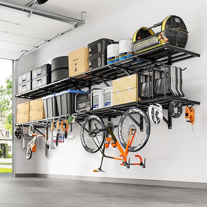 FLEXIMOUNTS 4-Pack 2x6ft Heavy Duty Garage Wall Shelving, 1200lbs Capacity, Garage Shelving Wall Mounted with 8 Hooks, Storage for Power Tools, Garden Supplies, Storage Bins, Lite Series