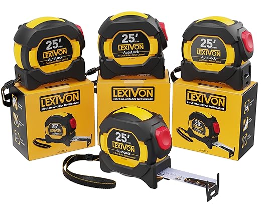 LEXIVON [4-Pack] 25Ft/7.5m AutoLock Tape Measure | 1-Inch Wide Blade with Nylon Coating, Matte Finish White & Yellow Dual Sided Rule Print | Ft/Inch/Fractions/Metric (LX-205X4)