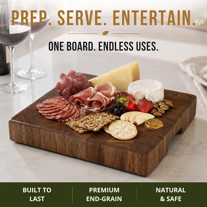 SHUMARU End Grain Cutting Board, 12.6 x 12.6 x 2 Inch Thick Square Butcher Block, Premium Exotic Heartwood, Knife-Friendly Chopping Block with Non-Slip Feet & Hidden Side Handles