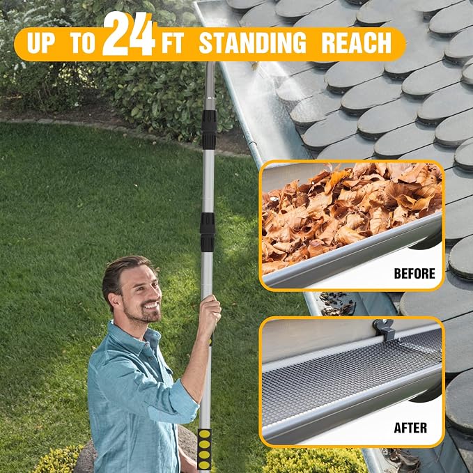 LAANPOLE Gutter Cleaning Tools from The Ground, 24FT Reach Rain Cleaner with Bendable Wand and Quick Connect Adapter for Garden Hose