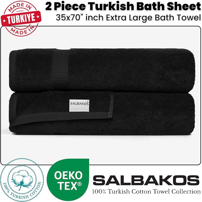 SALBAKOS 2-Piece 100% Turkish Cotton Bath Towels Extra Large 35x70, Black | Oversized Bath Sheet Towel for Bathroom & Beach, Thick, Super Soft, Highly Absorbent, Premium Hotel Quality, Made in Turkey