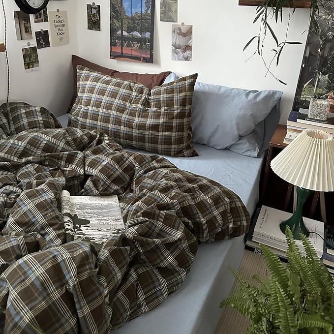 mixinni Vintage Buffalo Plaid Duvet Cover Set Full Size - 3 Piece Washed Cotton Bedding Set with Grid Pattern, Soft & Breathable Duvet Cover with Pillowcases for All Seasons,(Brown & Blue, Beige)