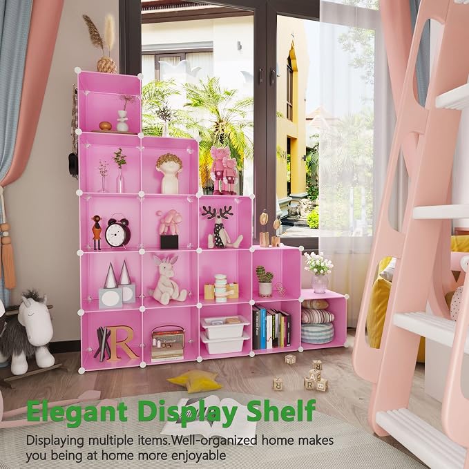 C&AHOME 16 Cube Storage Organizer Cube Shelves Units Storage Cubes, Pink | Plastic DIY Closet Organizer, Stackble Modular Closet Storage Shelves Ideal for Home, Bedroom, 48.4" L × 12.4" W × 48.4" H