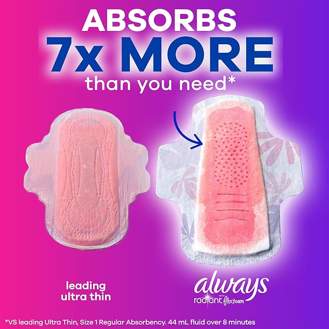 Always Radiant Feminine Pads for Women, Flexfoam Pads with Wings, Size 2, Heavy Absorbency, Lightly Scented 78 Count (Pack of 2)