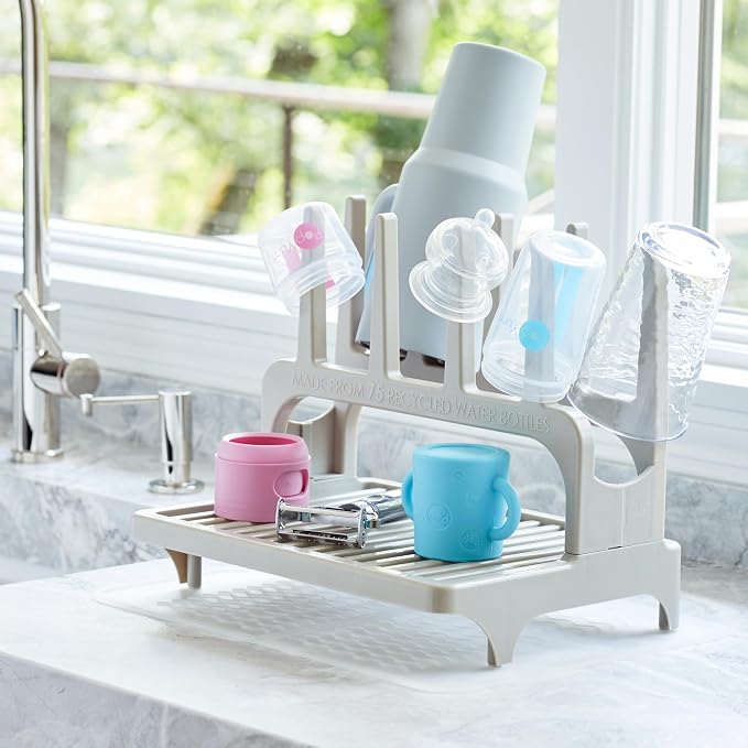 PopYum Gray Space Saving Drying Rack with Silicone Mat | Made from 100% Recycled Bottles, Clear Frosted Silicone Drying Mat, For Baby Bottle, Plastic Bags, Cups, Glass, Tumblers