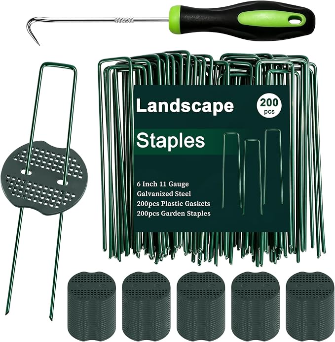 6 Inch 200 Pcs Galvanized Landscape Staples 200 Pcs Gaskets Pick Hook Garden Stakes 11 Gauge Anti-Rust Landscaping Fabric SOD Pins U Shaped Yard Turf Stakes for Weed Barrier Fabric Green