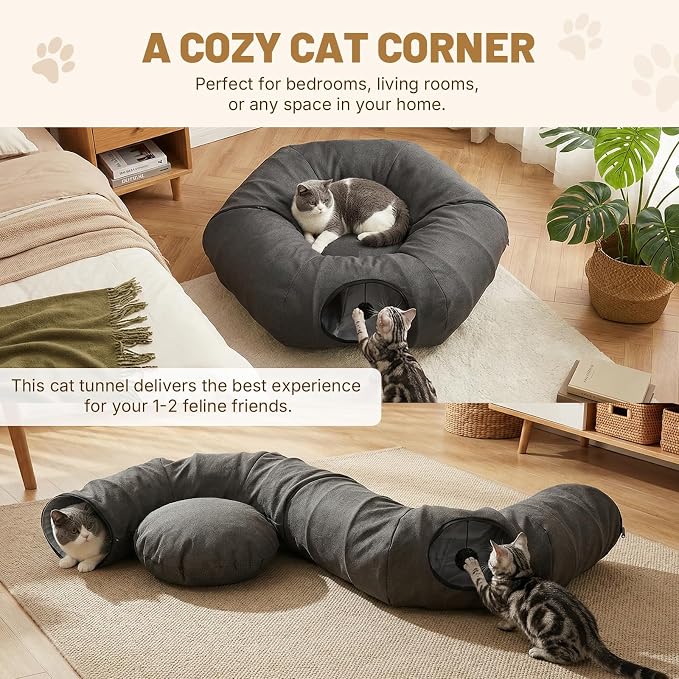 Cat Tunnel Bed for Indoor Cats, Cooling Natural Linen Cat Tunnel, Breathable 29.5in Kitten Toys Cat Tunnel with Washable Mat, Round Pet Tunnel for Kittens, Squirrels Dark Grey