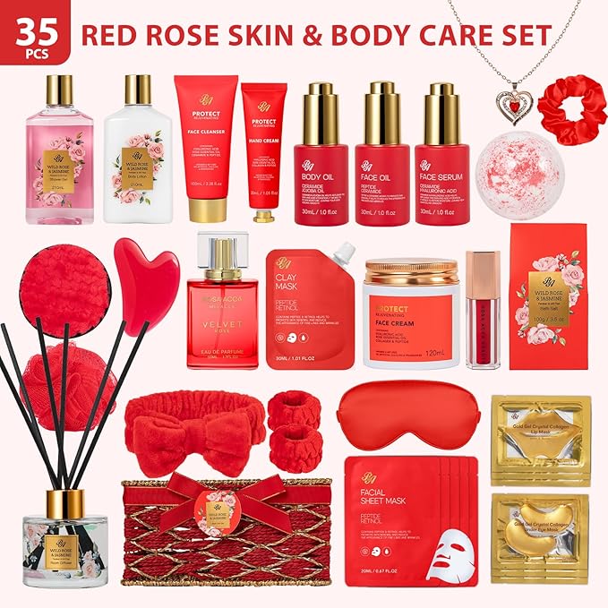 35 Pcs Mothers Day Gifts Baskets for Mom, Red Rose Bath and Body Basket Gift for Women, Face Skin Care Kit, Home Spa Self Care Basket, Diffuser, Necklace, Birthday, Christmas, Anniversary, Wife