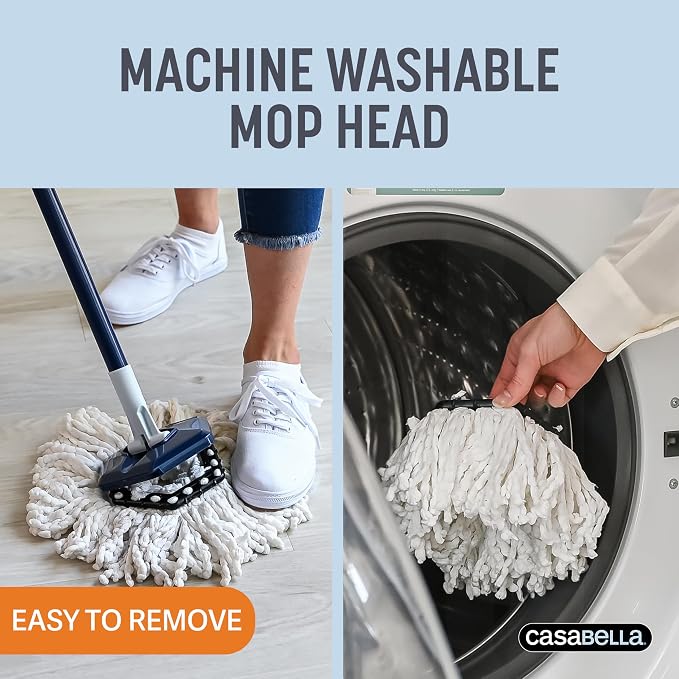 Casabella Clean Water Microfiber Spin Mop with 2-Bucket System, Antibacterial Spin Mop and Mopping Bucket Set, Blue/White
