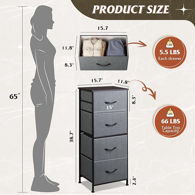 WLIVE Small Dresser Nightstand for Bedroom, 4 Drawers, Dark Grey | 4 vertical fabric drawers, Space-saving tower, Bedroom or closet use, Chest of drawers, Dresser for small spaces