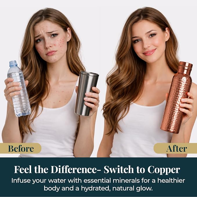 Four Flowers Copper Water Bottle 650ml with Cleaning Brush – Copper Coated Exterior & Stainless Steel Interior – Leak Proof Wide Mouth Metal Bottle for Travel, Gym, Office & Daily Hydration