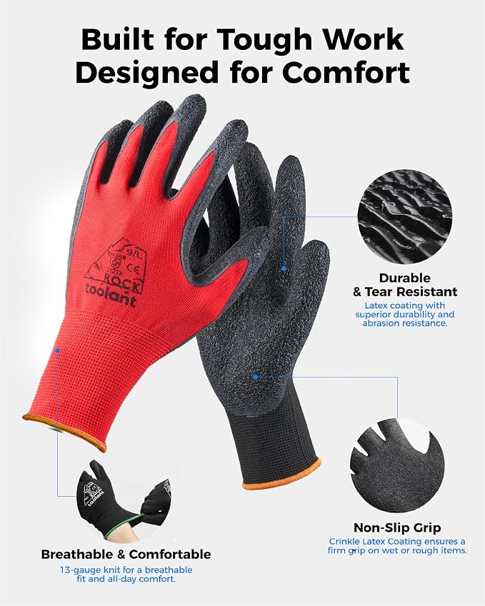 toolant Crinkle Latex Work Gloves Bulk, Rubber Coated Safety Work Gloves for Men and Women, 12 Pairs for Construction, Gardening, Warehouse (Black & Red, Large)