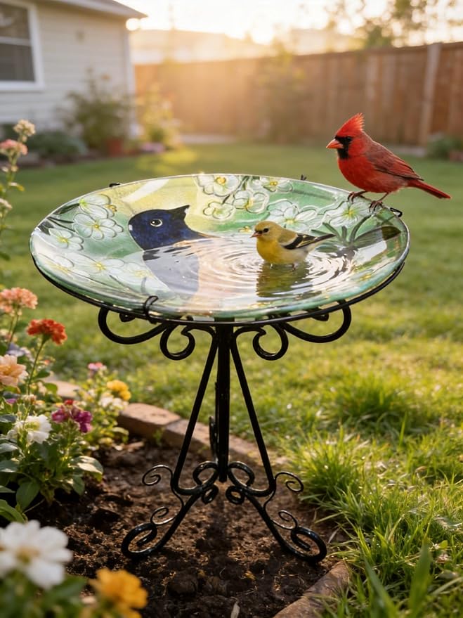 Large Glass Bird Bath with Metal Stand, Baltimore Oriole | 18" Wide Bowl, 3.2" Bathing Depth, Thick Glass Construction, Stable 3-Leg Base, Easy Clean Surface, Garden Decor