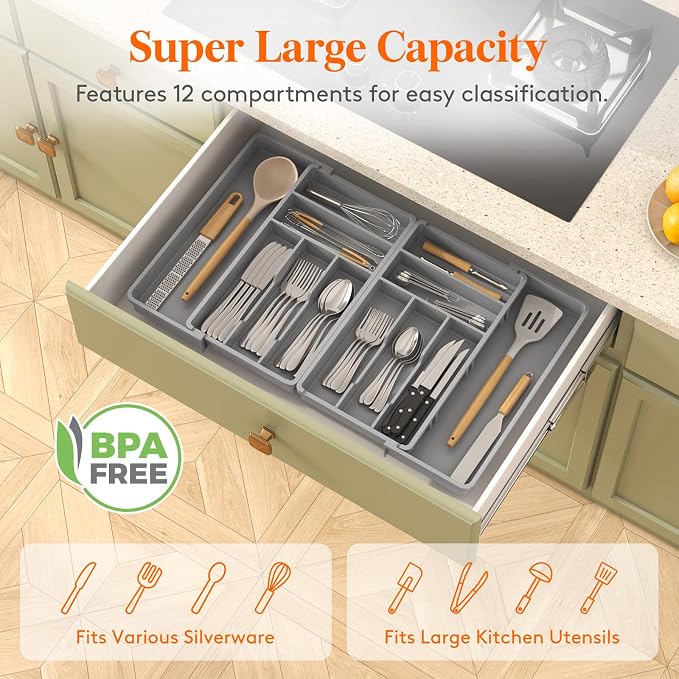 Lifewit Silverware Drawer Organizer, Expandable BPA Free Plastic Utensil Tray for Kitchen, Adjustable Flatware Cutlery Holder for Spoons Forks Knives, 18- 28 x 16.7", Gray