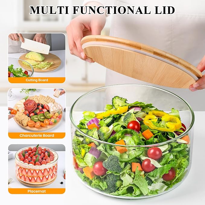 LOVYANXUE Glass Trifle Bowl with Bamboo Lid, 197 oz Large Glass Salad Bowl - Versatile Mixing and Serving Dish for Cake, Salad, Fruit, Baking, Dessert, Meal Prep, Storing, Microwave & Oven Safe