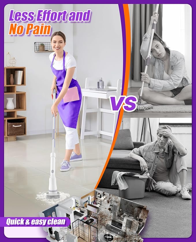 6-in-1 Cordless Electric Spin Scrubber with Long Handle | Power scrubber, bathroom scrubber, 47.2 in long handle, 2 speed scrub brush, IPX7 rated body, kitchen, tile, tub, floor