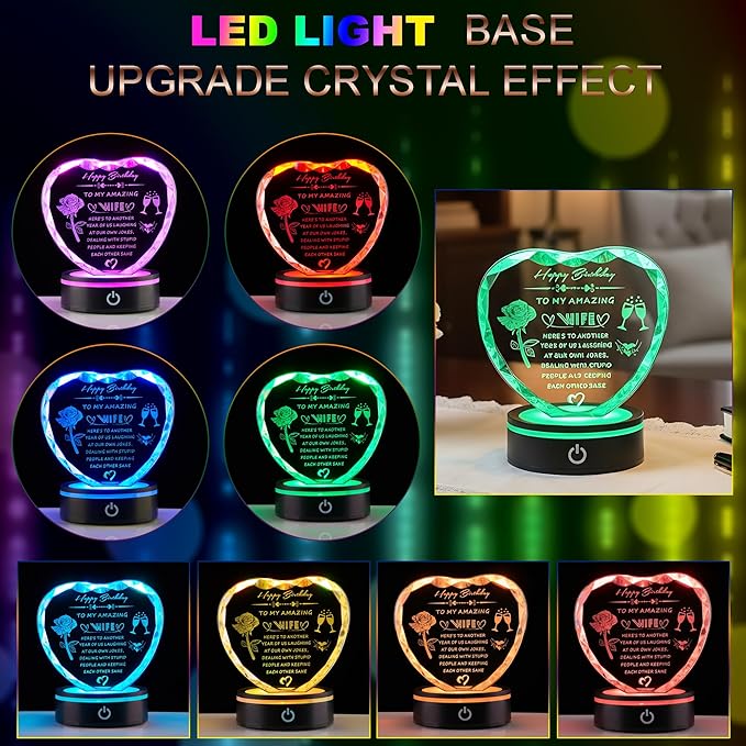 Birthday Gifts for Wife, Romantic Heart Shaped Crystal Night Light with LED Base, Wife Birthday Gift from Husband, Crystal Style Keepsake Plaque, Anniversary Valentine Christmas Gift for Her