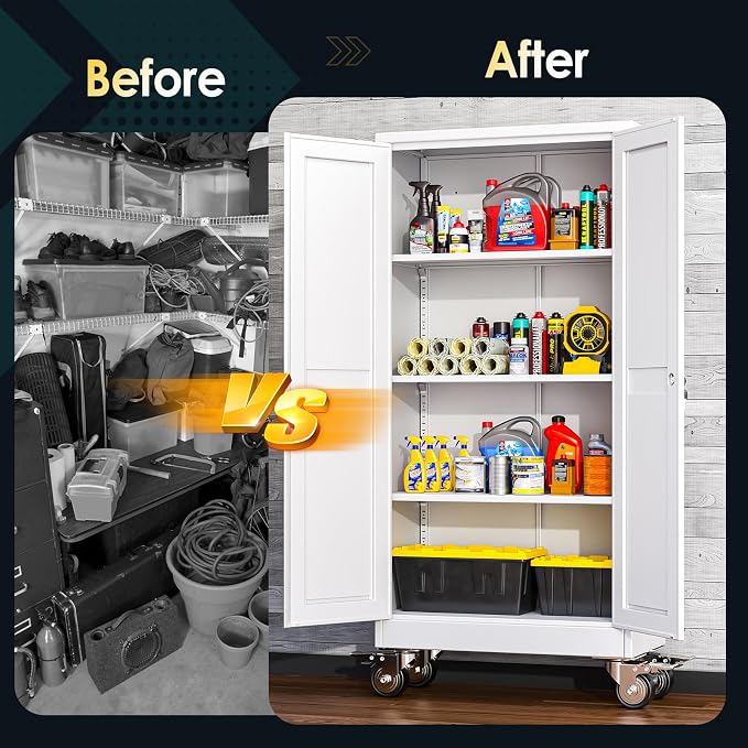 PAOFIN 61''H Metal Garage Storage Cabinet with Wheels,Steel File Cabinets with 2 Doors and 3 Adjustable Shelves for Home Office, Warehouse, Required Assembly,White