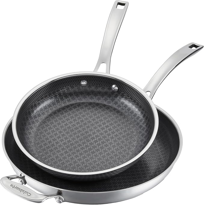 Cuisinart FusionPlus Hybrid Stainless Steel 2-Pc Skillet Cooking Set, 10 Inch and 12 Inch Open Skillets, PURELYSEAR Hybrid Searing Surface, Oven Safe, Cool Grip, Induction Compatible