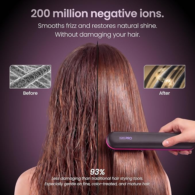 FLOWN® Original Go Brush PRO [Five Minutes Hair Styling Routine] - No Damage Heat Brush with USB-C Charger - Electric Travel Pocket Brush for All Hair Types - Black (Formerly Numoya)