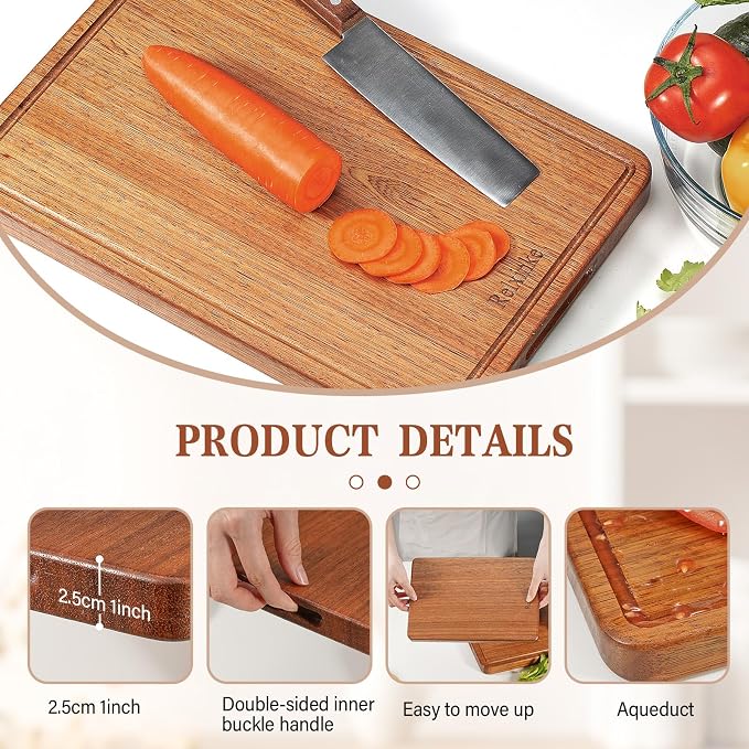 Solid Teak Wood Cutting Board Set One Piece Non Glued Extra Large Thick Crack Resistant Wooden Chopping Board with DeepJuice Grooves Built in Handles for Kitchen Meat 21.7x15 IN+13 * 8.7IN