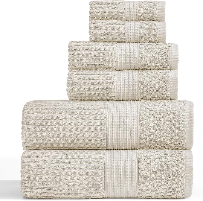 Springtree Home 100% Cotton Bath Towel Set | 6-Piece Set | Textured | Beige | Absorbent & Quick-Dry Bathroom Towels | Textured and Durable Cotton Towels for Bathroom | OEKO-TEX | Krista Collection