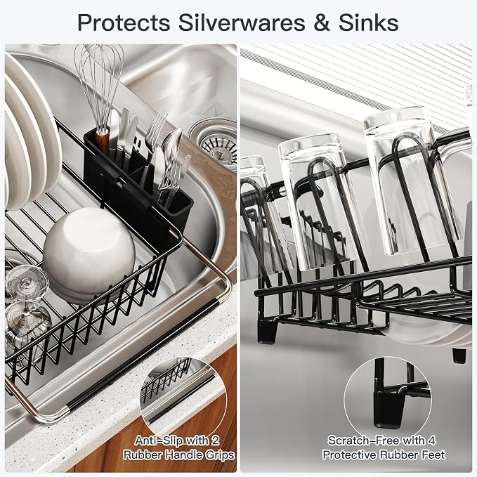 Dish Drying Rack Over The Sink with Utensil Holder | Expandable Stainless Steel Dish Drainer for Small Kitchen, Apartment, RV, Counter Space Saving, Perfect Fit, Rustproof
