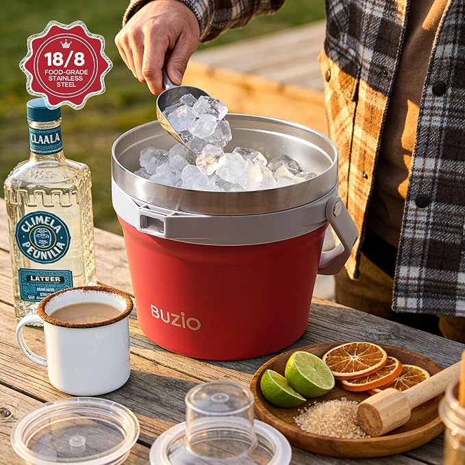 BUZIO 7.4 Qt/7 L Double Wall Insulated Ice Bucket with Lid Scoop & Tongs | Stainless Steel Beer Bucket for Party Cocktail Bar Champagne, Adjustable Shoulder Strap, Holds 6 Longnecks or 3 Wine Bottles