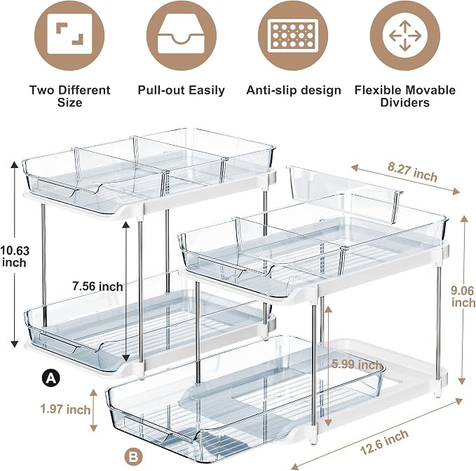 Delamu 2-Tier Multi-Purpose Bathroom Under Sink Organizers and Storage, Stackable Kitchen Pantry Organization, Pull Out Medicine Cabinet Organizer with Movable Dividers, Blue, 2 Pack