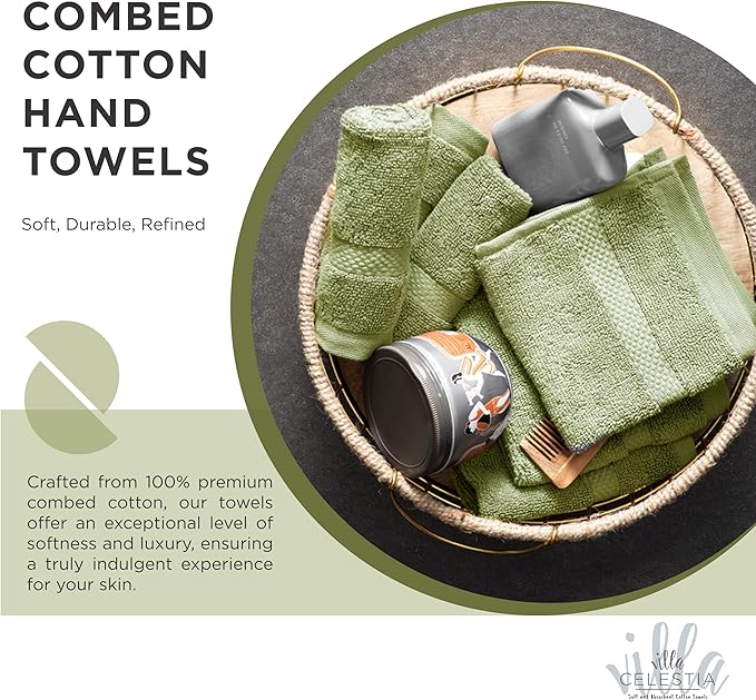 Villa Celestia 12-Piece 100% Cotton Towel Set, 4 Bath Towels, 4 Hand Towels, 4 Wash Cloth, Quick-Dry, Sage