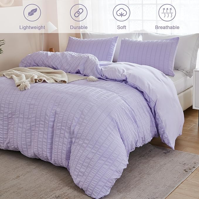 AveLom Lavender Purple Seersucker Duvet Cover Set Full (80 x 90 inches), 3 Pieces (1 Duvet Cover + 2 Pillow Cases), Ultra Soft Washed Microfiber, Textured Duvet Cover with Zipper Closure, Corner Ties
