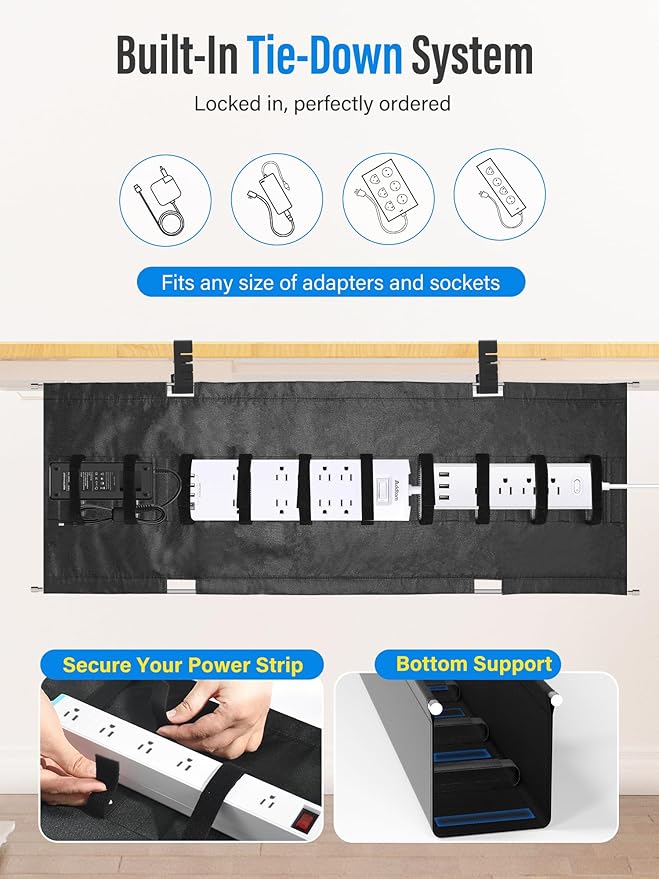[Upgraded] Large Under Desk Cable Management Tray, Cinati Cable Management Under Desk No Drill, 28.4" Fabric Cord Hider for Wire Organizer, Cord Organizer for Office, Home - Supports Up to 30lbs Black