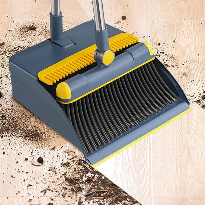 Broom and Dustpan Set, Cleaning with Dustpan Teeth, Stand up Broom & Dustpan Combo, Long Handle Broom with Dustpan Combo Set for Kitchen -ffice Lobby Floor and Dog Cat Pets Home Use