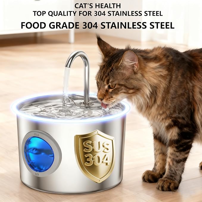 Cat Water Fountain Stainless Steel: Cat Fountain for Drinking with 6 Filters + 6 Sponges - 74oz/2.2L Pet Water Fountain for Cats Inside - Quiet Cats Water Bowl Dispenser - Kitten Drinking Fountains