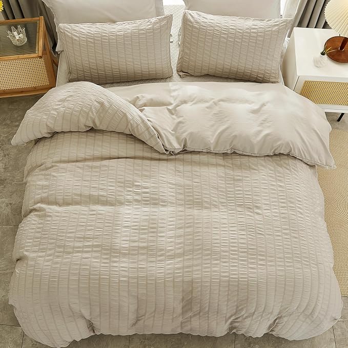 AveLom Beige Seersucker Duvet Cover Set Full Size (80 x 90 inches), 3 Pieces (1 Duvet Cover + 2 Pillow Cases), Ultra Soft Washed Microfiber, Textured Duvet Cover with Zipper Closure, Corner Ties