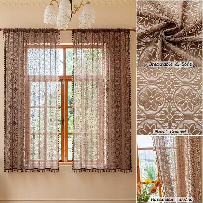 Sutuo Home Boho Floral Curtains 2 Panels for Kitchen Bedroom, Cottagecore Lace Sheer Curtains Bohemian Drape Crochet Vintage Tassels Privacy Window Treatments Rustic Rod Pocket, 50" x 63" Dark Coffee